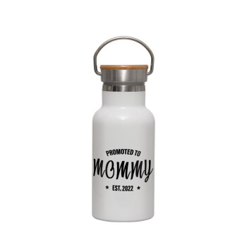 Promoted to Mommy, Metallic thermos (Stainless steel) White with wooden lid (bamboo), double-walled, 350ml
