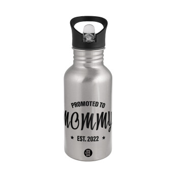 Promoted to Mommy, Water bottle Silver with straw, stainless steel 500ml