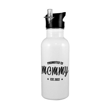 Promoted to Mommy, White water bottle with straw, stainless steel 600ml
