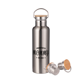 Promoted to Mommy, Stainless steel Silver with wooden lid (bamboo), double wall, 750ml