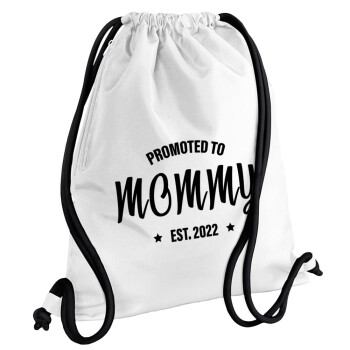 Promoted to Mommy, Τσάντα πλάτης πουγκί GYMBAG λευκή, με τσέπη (40x48cm) & χονδρά κορδόνια