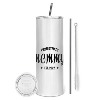 Promoted to Mommy, Tumbler ποτήρι θερμό από ανοξείδωτο ατσάλι 600ml, με μεταλλικό καλαμάκι & βούρτσα καθαρισμού