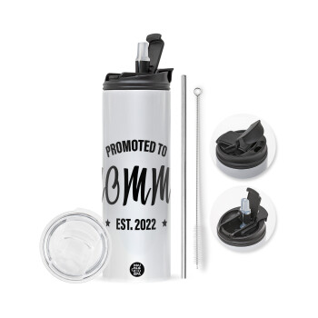 Promoted to Mommy, Travel Tumbler 2 Lids, with metal straw & cleaning brush (Stainless steel 304 Food grade, BPA free, 600ml)