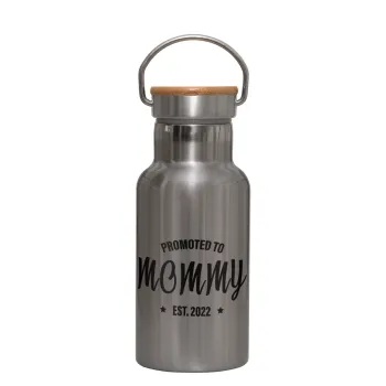 Promoted to Mommy, Μεταλλικό παγούρι θερμός (Stainless steel) Ασημένιο με ξύλινο καπακι (bamboo), διπλού τοιχώματος, 350ml