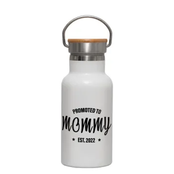 Promoted to Mommy, Μεταλλικό παγούρι θερμός (Stainless steel) Λευκό με ξύλινο καπακι (bamboo), διπλού τοιχώματος, 350ml