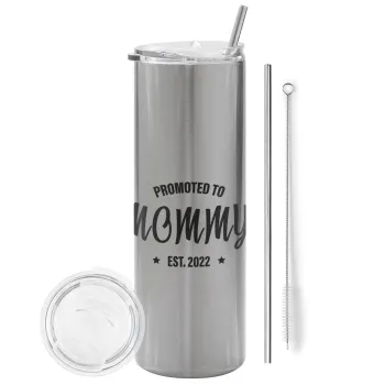 Promoted to Mommy, Tumbler stainless steel Silver 600ml, with metal straw & cleaning brush