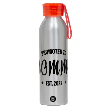 Promoted to Mommy, Αλουμινένιο Αθλητικό Μπουκάλι 650ml – Ασημί με Κόκκινο Καπάκι και Λουράκι Σιλικόνης