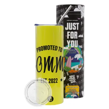 Promoted to Mommy, Neon Yellow Travel Tumbler θερμό, μεταλλικό καλαμάκι(Ανωξείδωτο 304 Food grade, BPA free, 600ml)