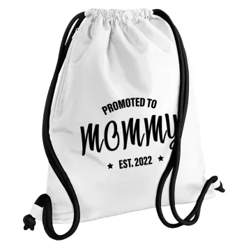 Promoted to Mommy, Τσάντα πλάτης πουγκί GYMBAG λευκή, με τσέπη (40x48cm) & χονδρά κορδόνια