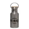 Stainless steel metallic thermos flask, silver with a bamboo lid, double-walled, 350ml.