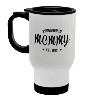 Promoted to Mommy, Κούπα ταξιδιού ανοξείδωτη με καπάκι, διπλού τοιχώματος (θερμό) λευκή 450ml