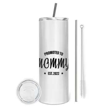 Promoted to Mommy, Tumbler ποτήρι θερμό από ανοξείδωτο ατσάλι 600ml, με μεταλλικό καλαμάκι & βούρτσα καθαρισμού