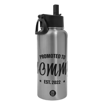 Promoted to Mommy, Metal mug thermo Silver with Straw and Spout Lid (Stainless steel), double wall, 950ml