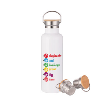 Elephants And Donkeys Grow Big Ears, Stainless steel White with wooden lid (bamboo), double wall, 750ml