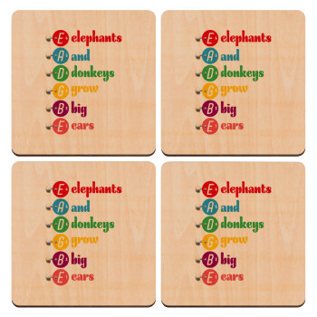 Elephants And Donkeys Grow Big Ears, ΣΕΤ x4 Σουβέρ ξύλινα τετράγωνα plywood (9cm)