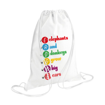Elephants And Donkeys Grow Big Ears, Τσάντα πλάτης πουγκί GYMBAG λευκή (28x40cm)