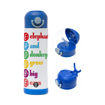 Elephants And Donkeys Grow Big Ears, Παιδικό παγούρι θερμό, ανοξείδωτο, με καλαμάκι ασφαλείας, ΜΠΛΕ (500ml)