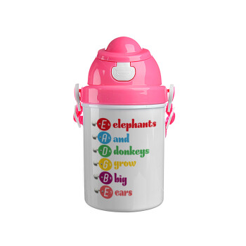 Elephants And Donkeys Grow Big Ears, Ροζ παιδικό παγούρι πλαστικό (BPA-FREE) με καπάκι ασφαλείας, κορδόνι και καλαμάκι, 400ml