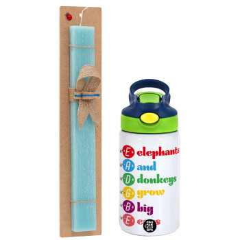 Elephants And Donkeys Grow Big Ears, Easter Set, Children's thermal stainless steel bottle with safety straw, green/blue (350ml) & aromatic flat Easter candle (30cm) (TURQUOISE)