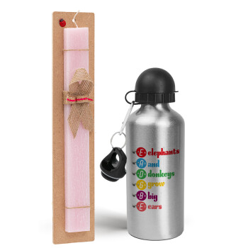 Elephants And Donkeys Grow Big Ears, Easter Set, metallic Silver aluminum water bottle (500ml) & scented flat Easter candle (30cm) (PINK)