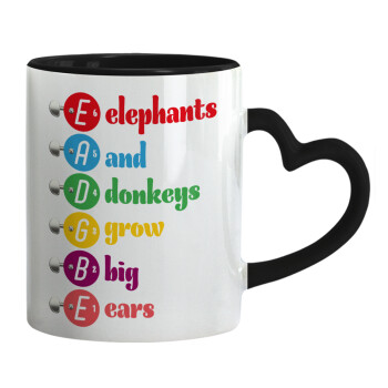 Elephants And Donkeys Grow Big Ears, Κούπα καρδιά χερούλι μαύρη, κεραμική, 330ml