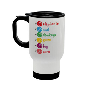 Elephants And Donkeys Grow Big Ears, Stainless steel travel mug with lid, double wall white 450ml