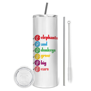 Elephants And Donkeys Grow Big Ears, Eco friendly stainless steel tumbler 600ml, with metal straw & cleaning brush