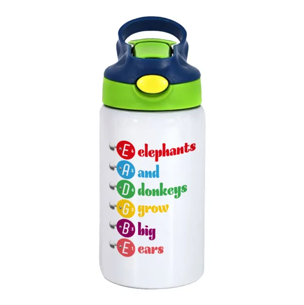 Elephants And Donkeys Grow Big Ears — Children's hot water bottle, stainless steel, with safety straw, green, blue (350ml)