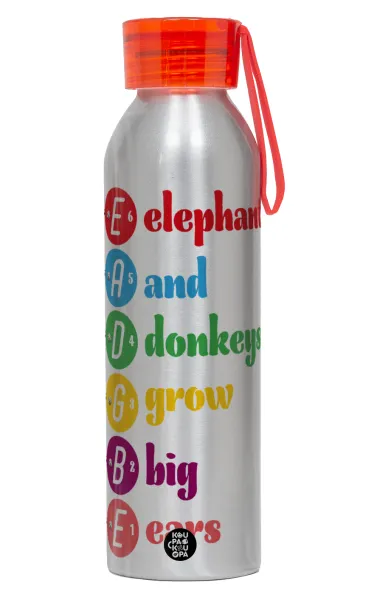 Elephants And Donkeys Grow Big Ears — Aluminum Sports Bottle 650ml – Silver with Red Cap and Silicone Strap