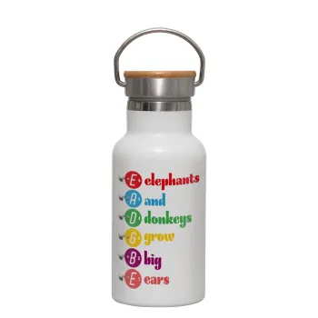 Elephants And Donkeys Grow Big Ears, Metallic thermos (Stainless steel) White with wooden lid (bamboo), double-walled, 350ml
