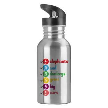 Elephants And Donkeys Grow Big Ears, Παγούρι νερού Ασημένιο με καλαμάκι, ανοξείδωτο ατσάλι 600ml