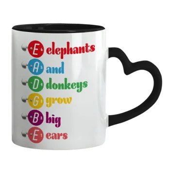Elephants And Donkeys Grow Big Ears, Κούπα καρδιά χερούλι μαύρη, κεραμική, 330ml