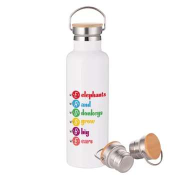 Elephants And Donkeys Grow Big Ears, Stainless steel White with wooden lid (bamboo), double wall, 750ml