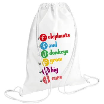 Elephants And Donkeys Grow Big Ears, Τσάντα πλάτης πουγκί GYMBAG λευκή (28x40cm)