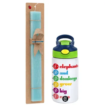 Elephants And Donkeys Grow Big Ears, Easter Set, Children's thermal stainless steel bottle with safety straw, green/blue (350ml) & aromatic flat Easter candle (30cm) (TURQUOISE)