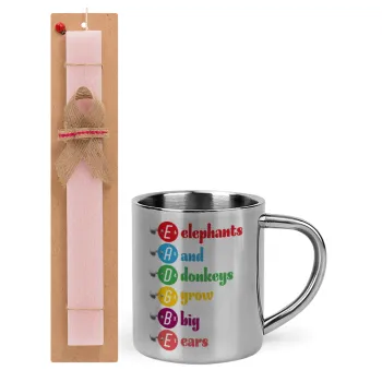 Elephants And Donkeys Grow Big Ears, Easter Set, metallic thermal cup (300ml) & aromatic flat Easter candle (30cm) (PINK)