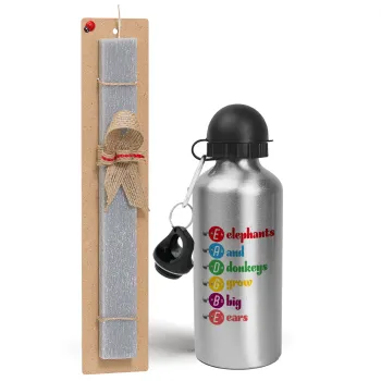 Elephants And Donkeys Grow Big Ears, Easter Set, metallic silver aluminum water bottle (500ml) & aromatic flat Easter candle (30cm) (GRAY)