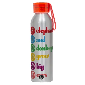 Elephants And Donkeys Grow Big Ears, Αλουμινένιο Αθλητικό Μπουκάλι 650ml – Ασημί με Κόκκινο Καπάκι και Λουράκι Σιλικόνης