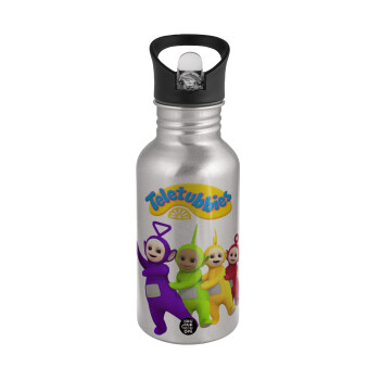 teletubbies Tinky-Winky, Dipsy, Laa Laa and Po, Water bottle Silver with straw, stainless steel 500ml