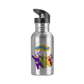 teletubbies Tinky-Winky, Dipsy, Laa Laa and Po, Water bottle Silver with straw, stainless steel 600ml