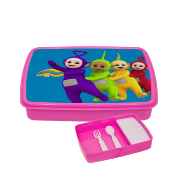 teletubbies Tinky-Winky, Dipsy, Laa Laa and Po, ΡΟΖ παιδικό δοχείο φαγητού (lunchbox) πλαστικό με παιδικά μαχαιροπίρουρα & 2 εσωτερικά δοχεία (BPA-FREE) Lunch Βox M23 x Π18 x Υ4cm