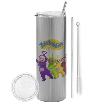 teletubbies Tinky-Winky, Dipsy, Laa Laa and Po, Eco friendly stainless steel Silver tumbler 600ml, with metal straw & cleaning brush