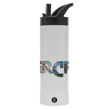 Farcry, Metallic thermos bottle with straw & handle, stainless steel (Stainless steel 304), double-walled, 600ml.