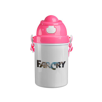 Farcry, Ροζ παιδικό παγούρι πλαστικό (BPA-FREE) με καπάκι ασφαλείας, κορδόνι και καλαμάκι, 400ml