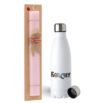 Farcry, Easter Set, metallic stainless steel water bottle (750ml) & scented flat Easter candle (30cm) (PINK)