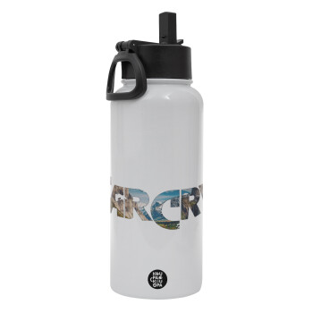 Farcry, Μεταλλικό παγούρι θερμός Λευκό με καλαμάκι και χερούλι (Stainless steel), διπλού τοιχώματος, 950ml