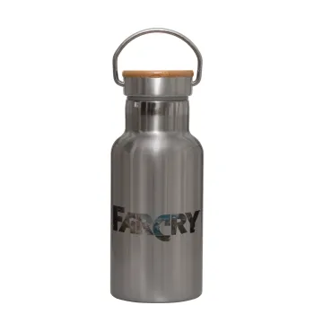 Farcry, Stainless steel metallic thermos flask, silver with a bamboo lid, double-walled, 350ml.