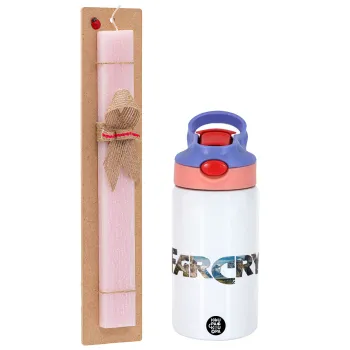 Farcry, Easter Set, Children's thermal stainless steel water bottle with safety straw, pink/purple (350ml) & Easter scented flat candle (30cm) (PINK)