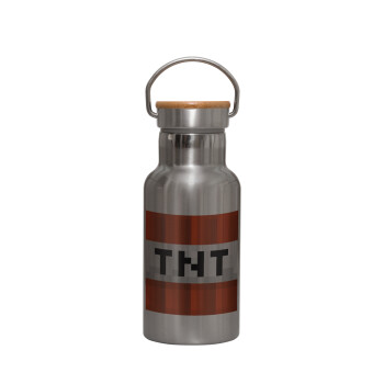 Minecraft TNT, Stainless steel metallic thermos flask, silver with a bamboo lid, double-walled, 350ml.