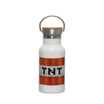 Minecraft TNT, Metallic thermos (Stainless steel) White with wooden lid (bamboo), double-walled, 350ml